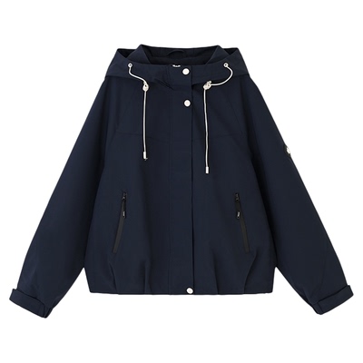 女装连帽净色下摆打褶外套-8008