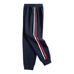 儿童校服裤子春秋藏青色藏蓝色黑灰色红白条杠长裤班服加绒束脚裤