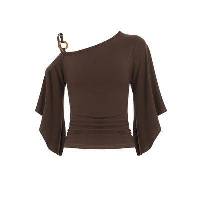 WEEKEEP 纯色辣妹斜领单肩串珠圆环蝙蝠袖上衣百搭修身显瘦T恤