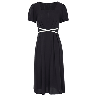 马天奴春秋新款黑色方领连衣裙子收腰短袖撞色织带气质时尚女