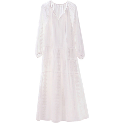 CR刺绣宽松灯笼袖v领系带连衣裙