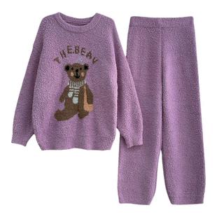 HEARMES 呆萌小熊珊瑚绒睡衣女冬季加厚半边绒休闲可爱保暖家居服