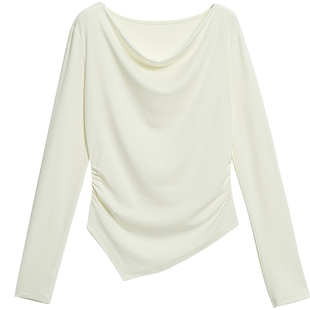 KBNE高级感荡领长袖白色t恤女2026春季新款打底衫设计感别致上衣