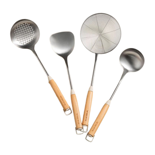 双枪锅铲304不锈钢家用炒勺榉木柄汤勺漏勺线漏炒菜铲子厨具套装