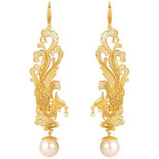 凤凰来仪珍珠银鎏金耳坠非遗花丝镶嵌镂空新中式国风长款纯银耳钩