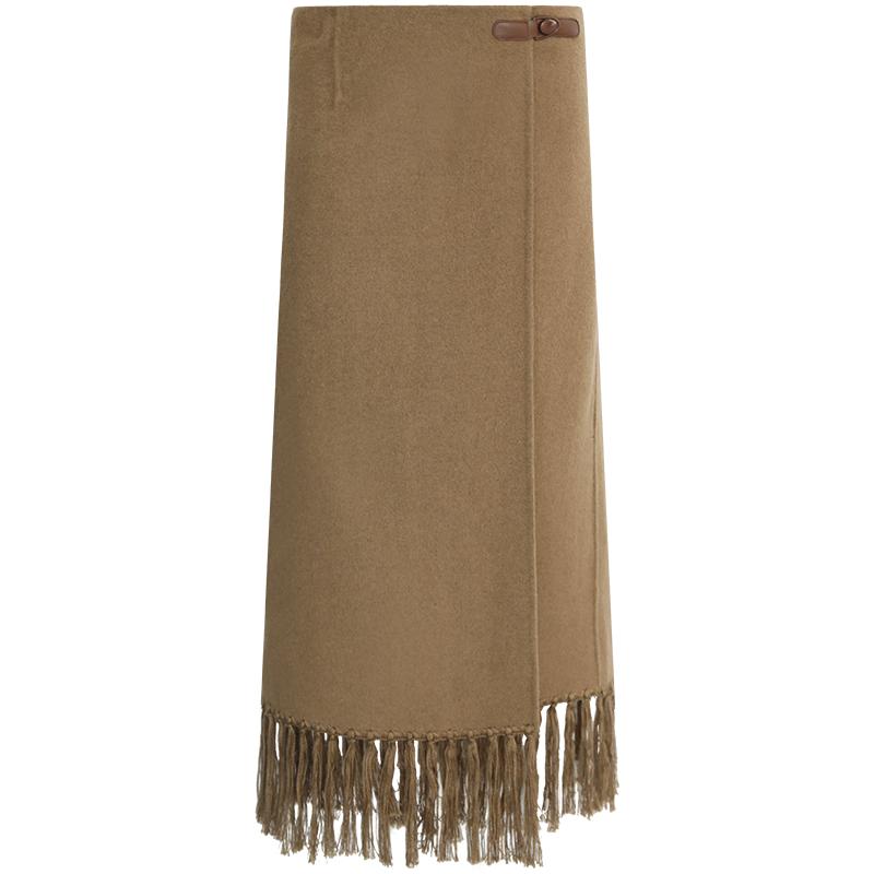 COCOBELLA设计感流苏双面呢羊毛半身裙秋冬贝壳绣长裙HS3078