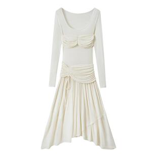 DIDDI MODA古典主义不规则裙摆长袖褶皱连衣裙女修身显瘦