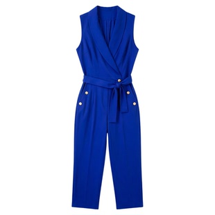Collar sleeveless multi pocket jumpsuit 翻领无袖多口袋连体裤