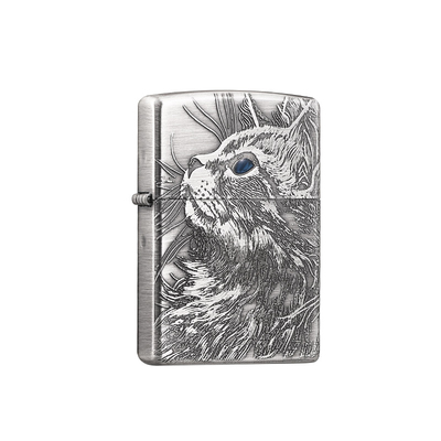 zippo打火机熏银深雕月下猫语