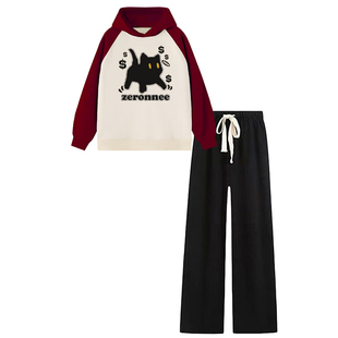 撞色长袖秋天运动套装女生裤子秋冬季新款连帽卫衣少女初中生套装