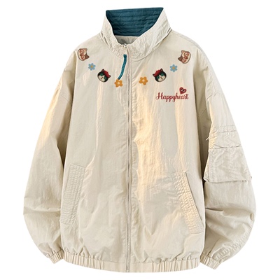 查尔斯桃心小猫印花立领飞行夹克男女春上新百搭宽松潮牌工装外套