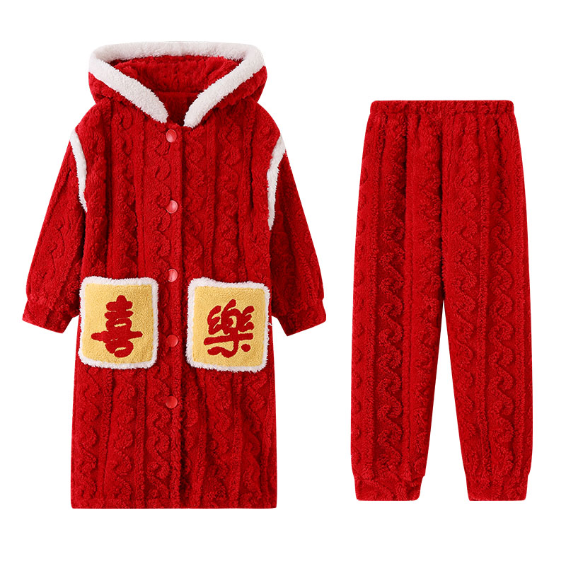 亲子珊瑚绒睡袍一家三口红色套装