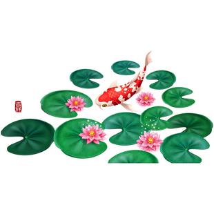 荷花贴画厨房窗户玻璃贴纸阳台玻璃门荷叶图案墙贴静电贴锦鲤贴纸
