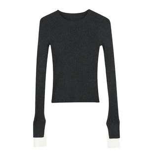 ousph撞色黑拼白圆领内搭长袖毛织打底衫女秋修身法式灰外穿上衣