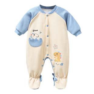 婴儿夹棉连体衣秋冬季男宝宝薄棉连脚哈衣新生儿A类衣服冬装棉服