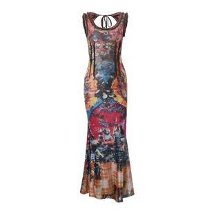 小菊川栗/勃朗蜡红裙 古典鱼尾油画复古新中式镂空原创连衣长裙