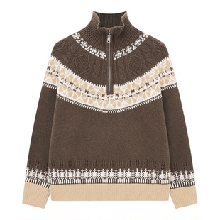 百家好费尔岛提花半拉链毛衣女秋冬复古棕咖撞色针织绵羊毛羊毛衫