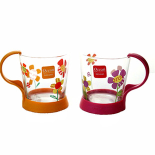 OCEAN进口玻璃杯子咖啡杯防烫耐热水杯花茶杯带把手印花圆形杯子