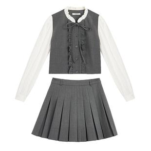 紫涵木耳边假两件拼接长袖衬衫a字百褶短裙两件套装女春秋季新款