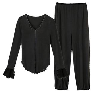 朵朵可可睡衣女2025新款秋季薄款针织保暖绒荷叶袖修身家居服套装