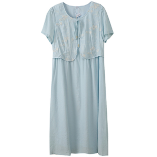 温柔茶歇显瘦绝美小裙子胖莹莹大码女装胖mm夏季假两件刺绣连衣裙