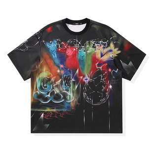 GENANX闪电潮牌2025夏季T恤涂鸦街头潮流耐磨落肩袖上衣左航同款