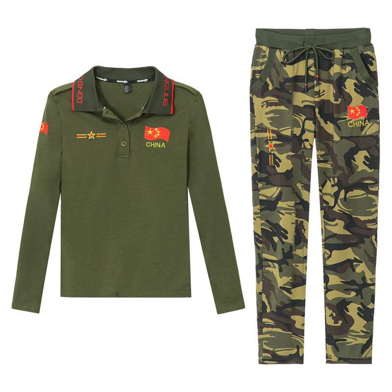 春夏季女式迷彩服休闲套装长袖T恤大码水兵舞服装演出服潮纯棉弹