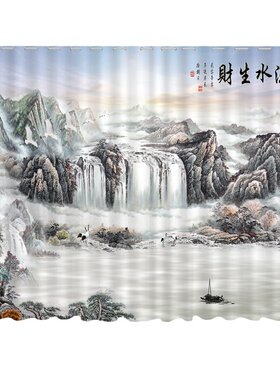 新中式窗帘水墨山水画风景纱帘