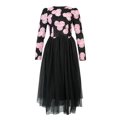 法式立体花网纱拼接连衣裙女收腰显瘦撞色设计感名媛风长裙65472