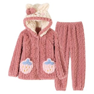 顶呱呱女童法兰绒睡衣秋冬季保暖珊瑚绒中大童亲子连帽家居服套装