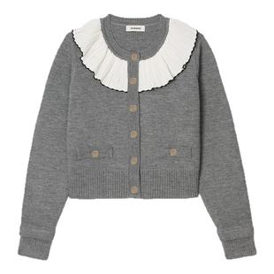 季末6折SANDRO2025秋冬新款女装法式灰色撞色荷叶领短款针织开衫