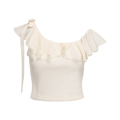 斜肩飘带上衣花边半身裙套装