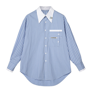 【明星同款】PLUSONEONE+原创秋季宽松设计蓝白条纹衬衫男女衬衣
