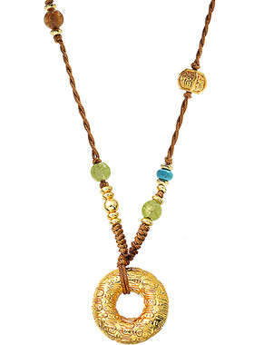 皇家莎莎新中式编织绳项链百福平安扣吊坠时尚金色长款毛衣链吊坠