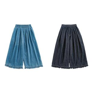 幼悠女童荷叶花边牛仔裤2025夏季元气可爱轻薄透气九分宽松阔腿裤