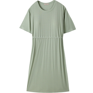 秋鹿凉感收腰气质睡裙女夏薄款短袖睡衣裙优雅纯色居家外穿连衣裙