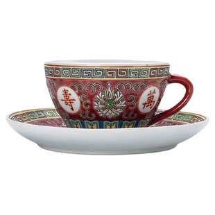 景德镇缘满瓷陶瓷茶具八十年代艺术瓷厂粉彩万寿无疆中式咖啡套杯