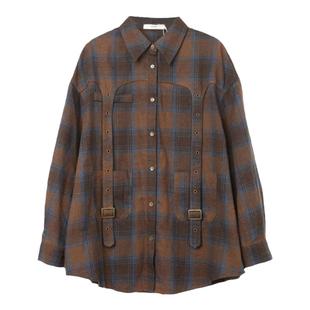 西町村屋工装风长袖格子衬衣女秋冬新款复古中长款衬衫XA9C10038