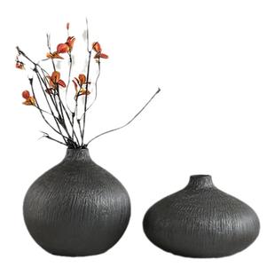 手工粗陶花瓶新中式花器磨纱黑陶瓷禅意花器摆件家居复古干花插