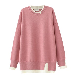 慵懒风毛衣女大码韩系风格穿搭胖mm时尚宽松外穿拼色假两件针织衫