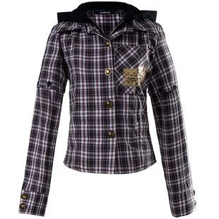 OV原创亚文化袖子可拆卸假两件长袖衬衫女春季修身短款格子衬衣潮