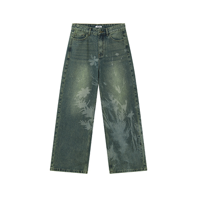 物理少年激光烧花植物印花牛仔裤
