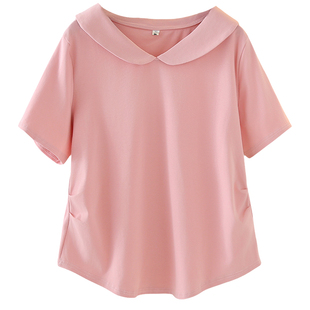 2025夏装新款大码女装宽松正肩上衣设计感娃娃领纯色收腰短袖t恤