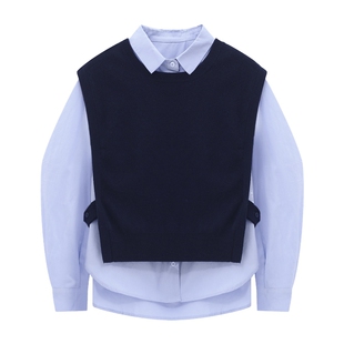 Basic House/百家好纯色衬衫叠穿绵羊毛短款马甲两件套时尚套装女