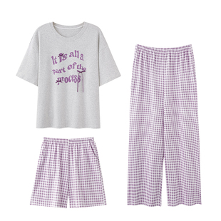 芬腾可安睡衣女款2026新款夏季纯棉薄短袖长裤三件套娇家居服夏天