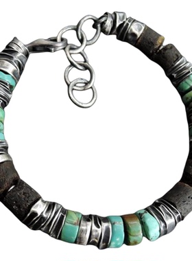 原始琥珀绿松石串珠手链925纯银