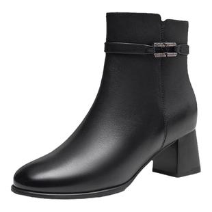 红蜻蜓妈妈靴子冬季女鞋靴子真皮加绒皮鞋黑色不累脚中年女士短靴