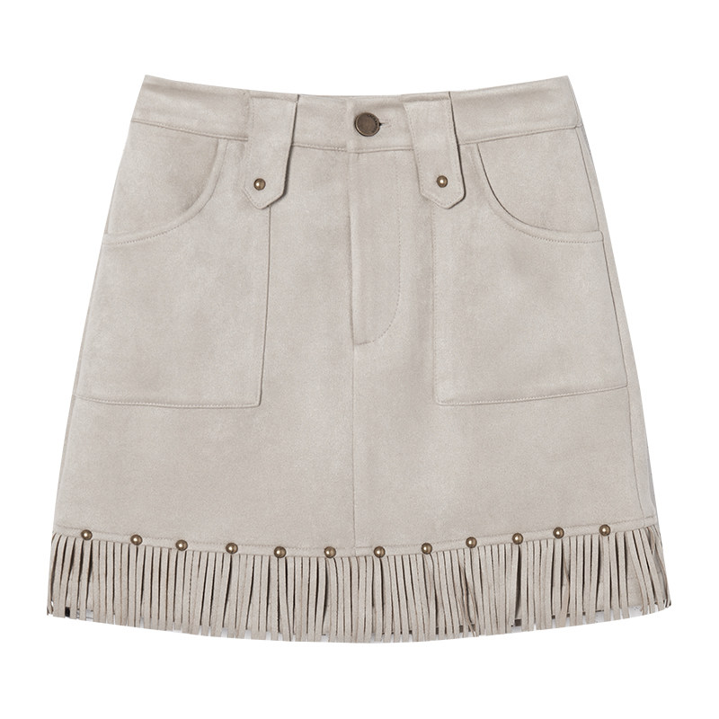 LA CRAWFISH西部游牧风复古流苏下摆麂皮绒高腰a字包臀短裙半身裙