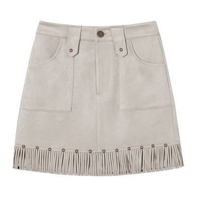 LA CRAWFISH西部游牧风复古流苏下摆麂皮绒高腰a字包臀短裙半身裙