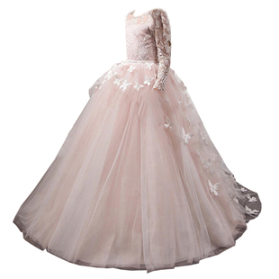 儿童晚礼服修身公主裙2025长袖女童结婚婚纱花童钢琴表演礼服生日